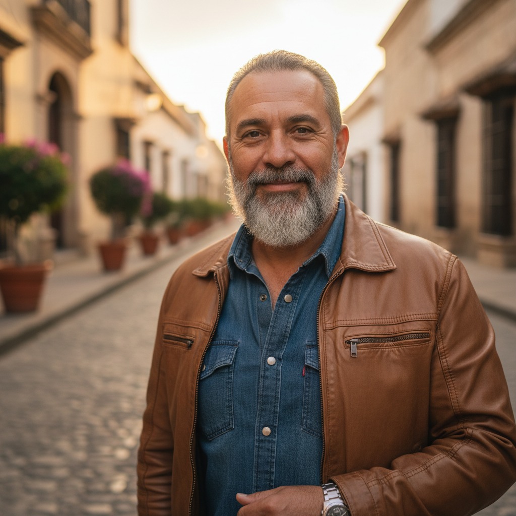 Un hombre maduro con barba gris, camisa de mezclilla y chaqueta de cuero sonríe de pie en una calle empedrada.