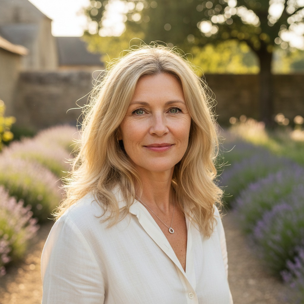 Una mujer rubia de mediana edad sonríe suavemente a la cámara en un jardín de lavanda iluminado por el sol.