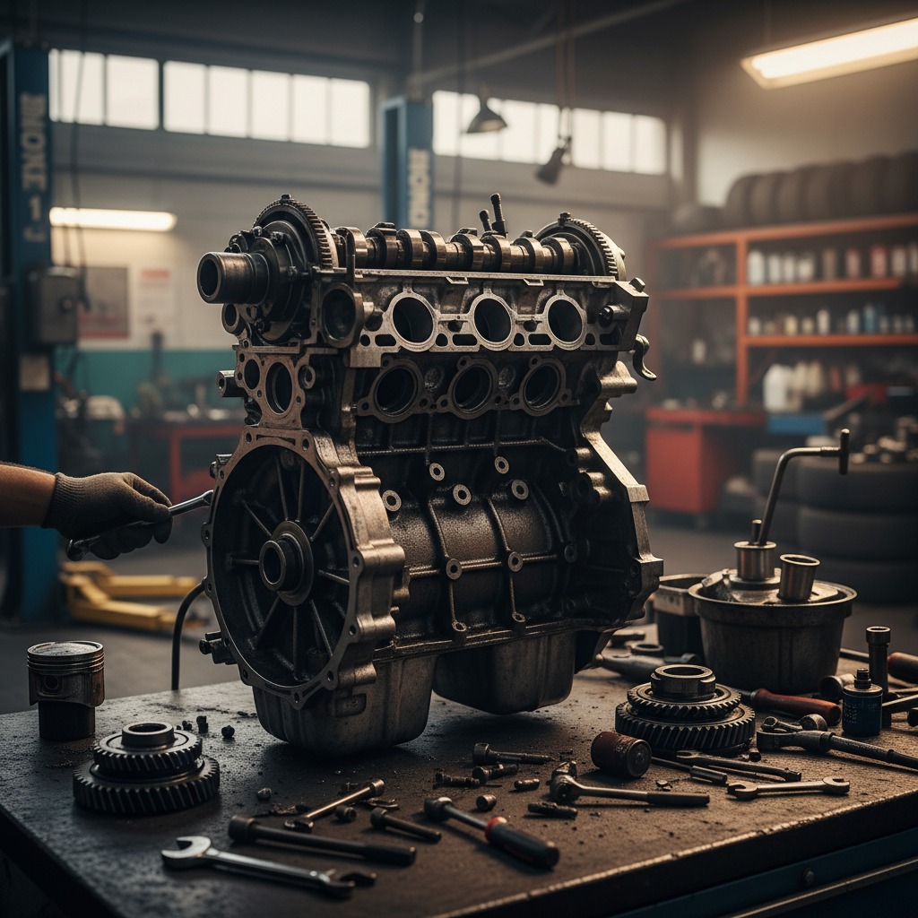 Un motor de automóvil parcialmente desarmado se encuentra sobre un banco de trabajo en un taller mecánico.