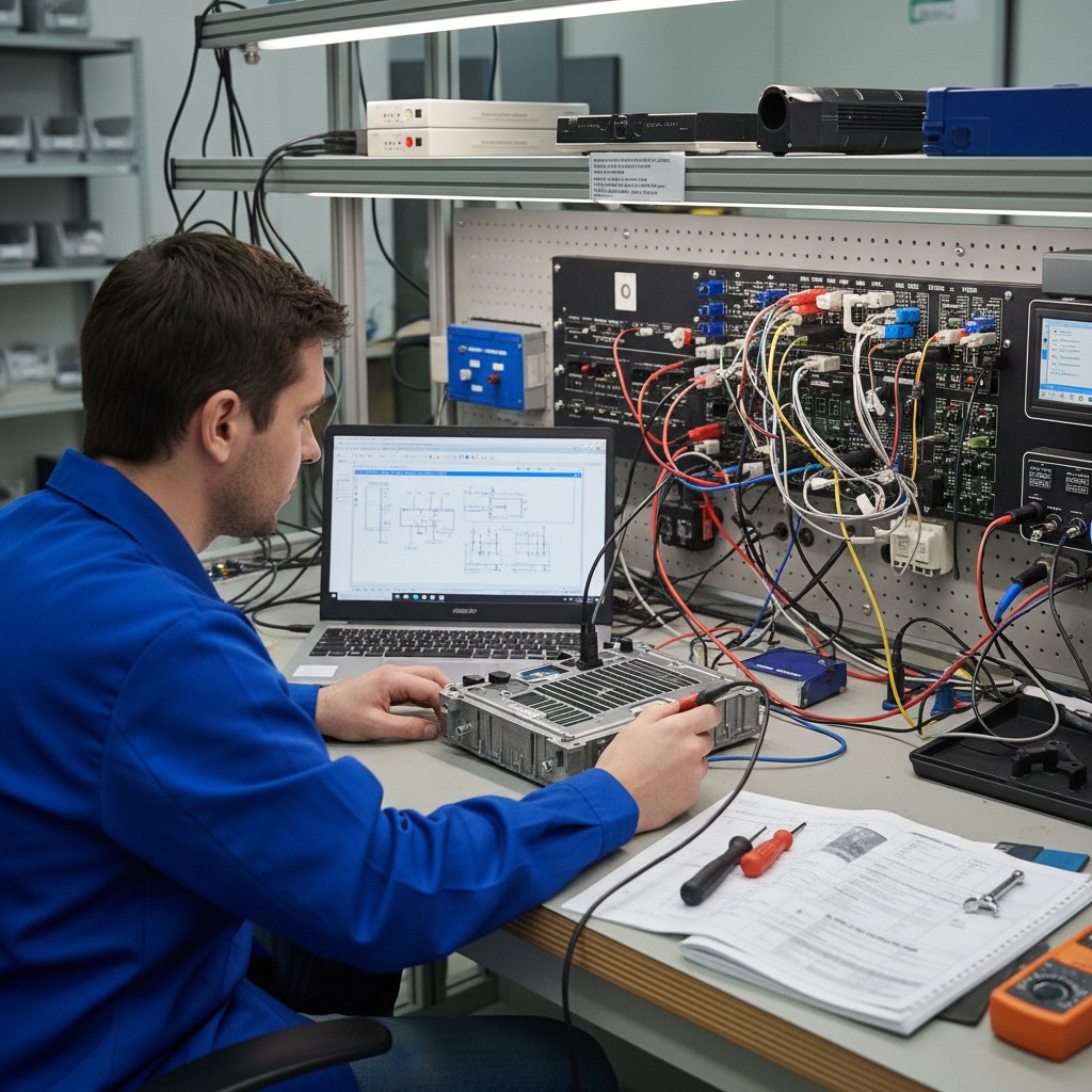 Un técnico con bata azul trabaja en una mesa de pruebas con computadoras y tableros electrónicos.